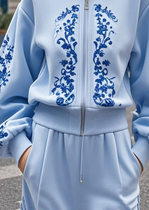 Baby Blue Print Cotton Jackets Stand Collar Fall