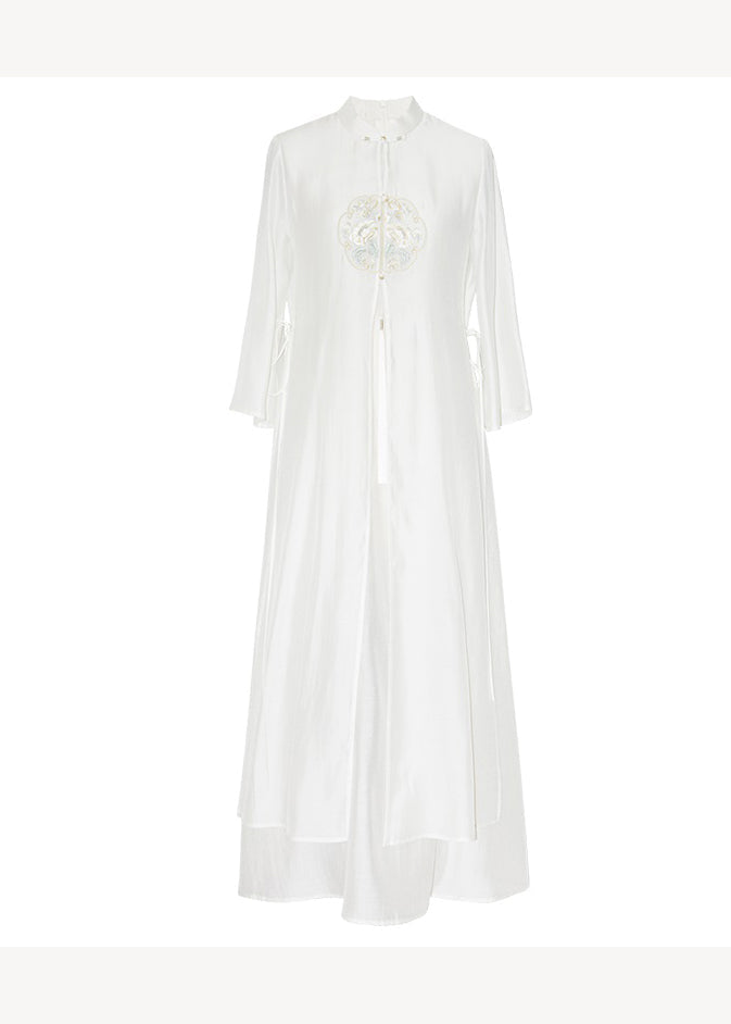 Chinese Style Beige Embroideried Lace Up Patchwork Silk Dresses Fall