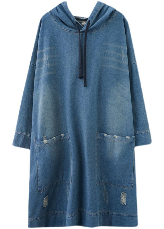 Blue Hooded Drawstring Denim Dress Spring