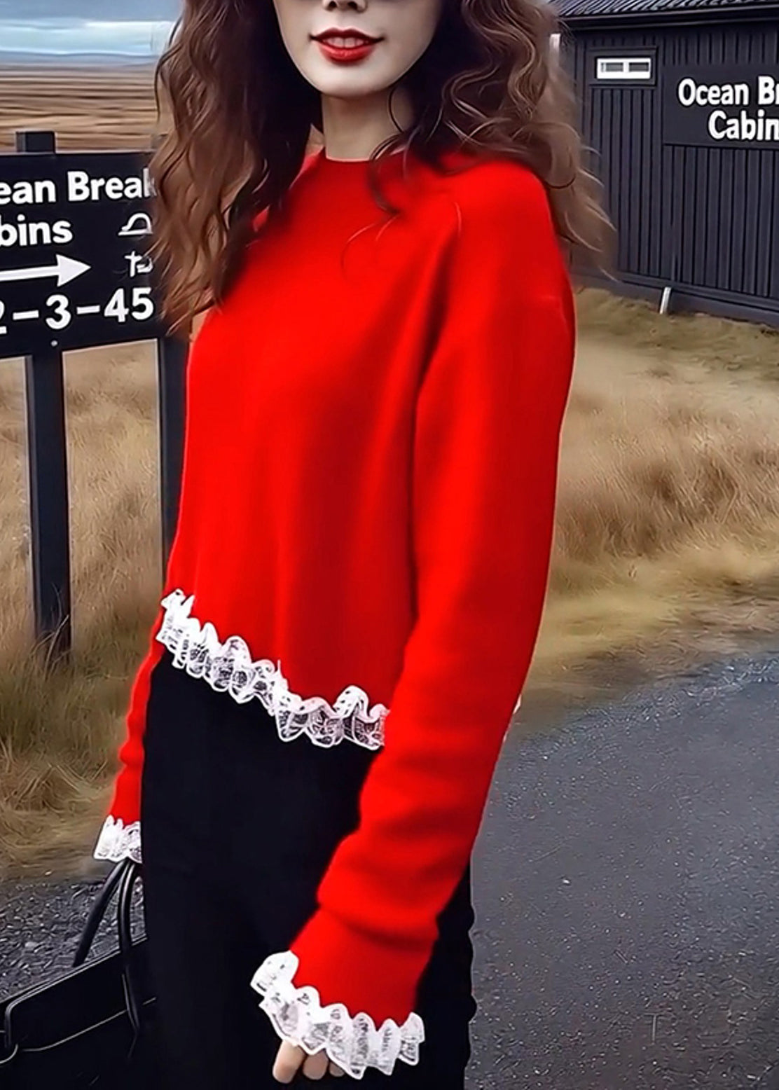 Red Oversized Patchwork Lace Sweaters Spring