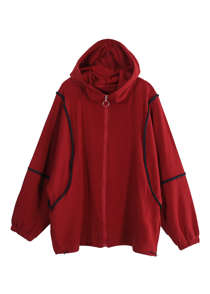 Mulberry Zippered Patchwork Drawstring Hooded Sweatshirt Fall