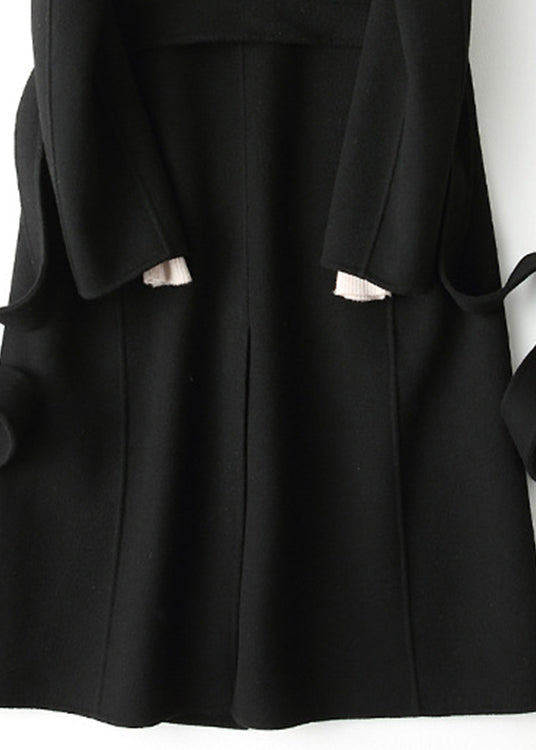 Black Notched Tie Waist Woolen Long Coats Fall