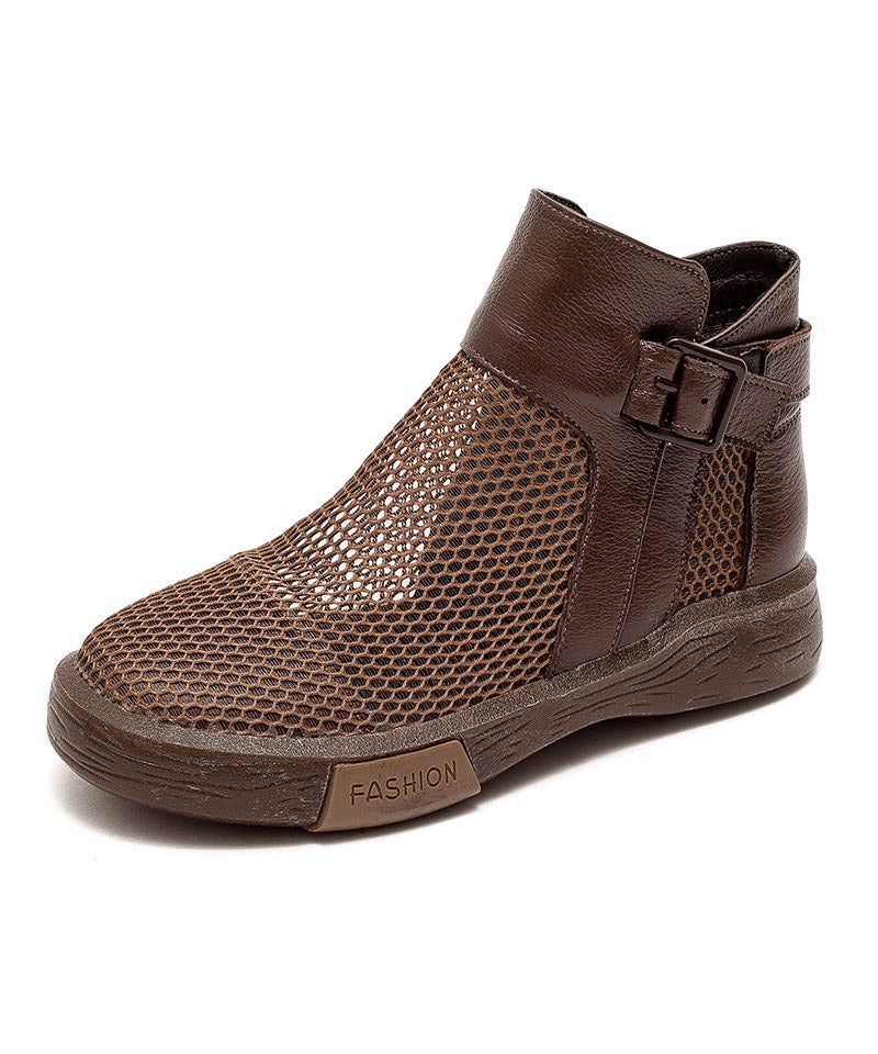 Brown Knit Fabric Hollow Out Splicing Flat Shoes