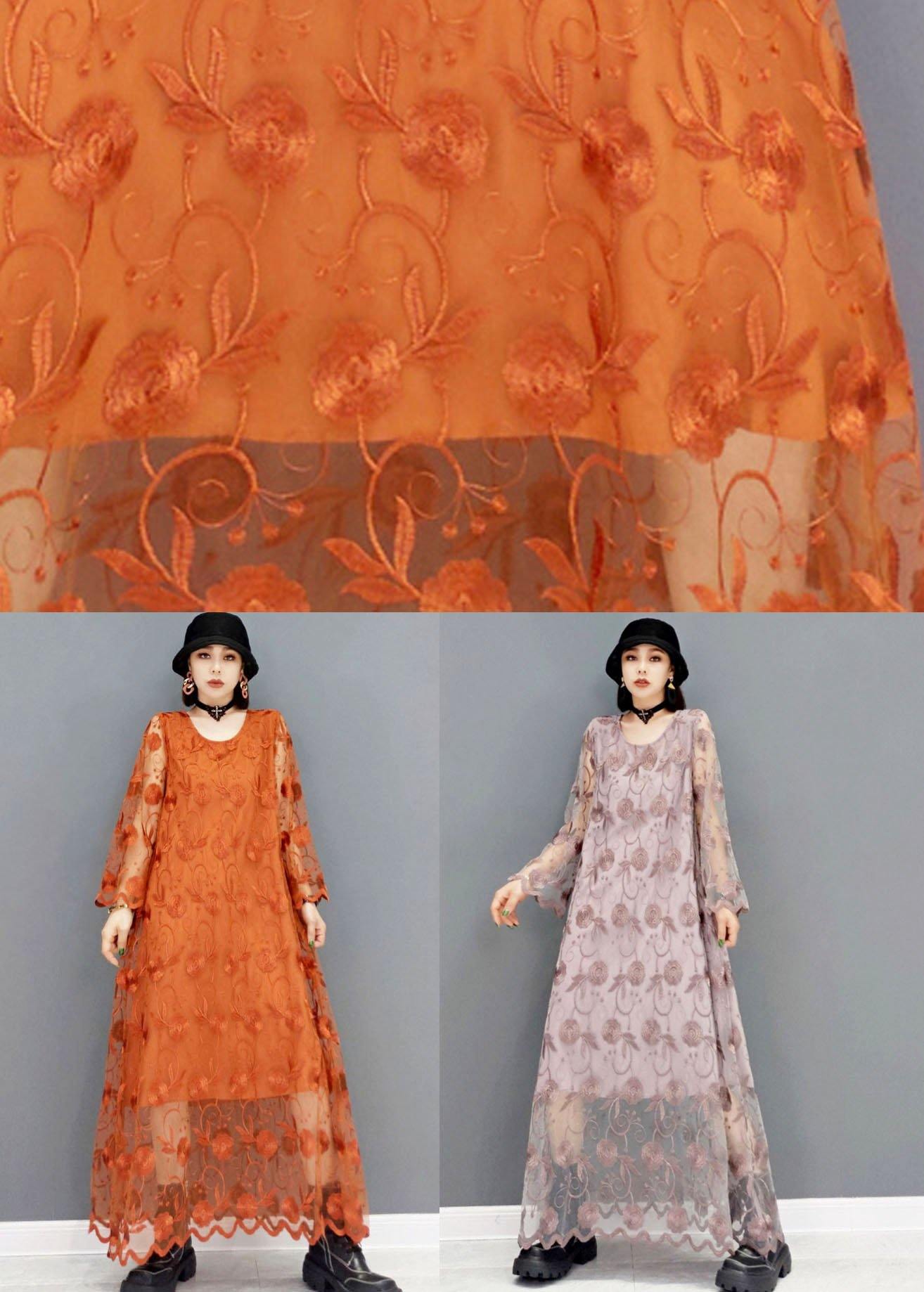 Organic Orange O-neck Long Sleeve Lace Fall Dress
