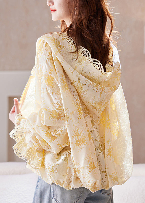 Yellow Zip Up Lace Hoodie Coat Batwing Sleeve