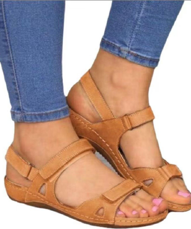 Splicing Peep Toe Wedge Sandals Brown Faux Leather