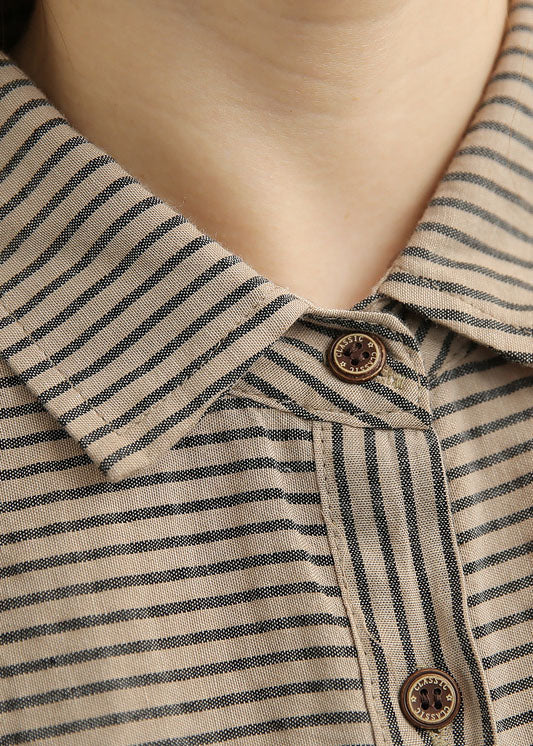 Grey Peter Pan Collar Button Striped Shirts Spring
