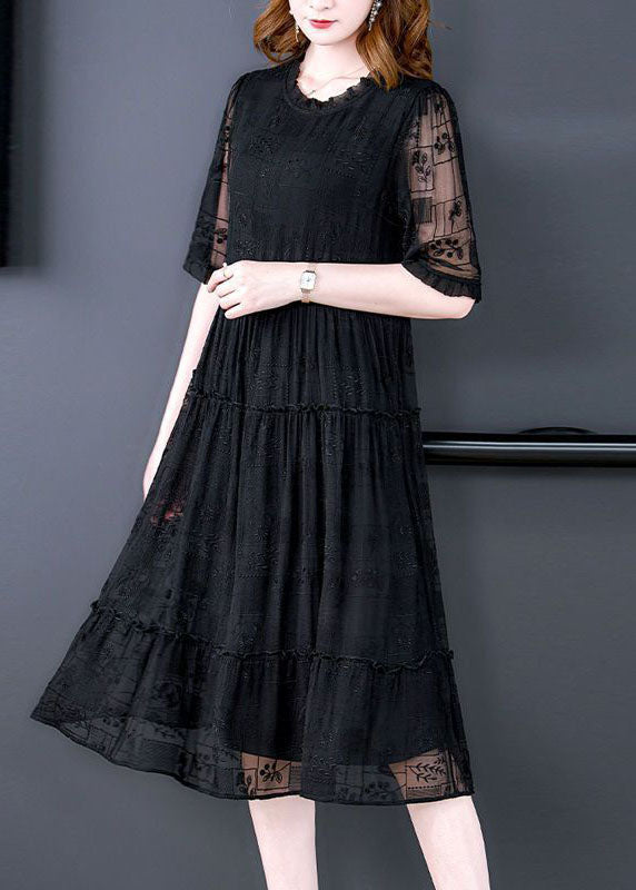 Black O-neck Ruffled Embroideried Silk Long Dresses Summer