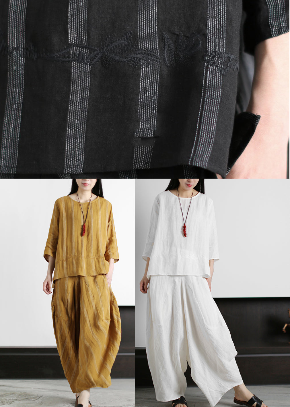 Yellow Pockets Linen Tops and Harm Pants Two Piece Outfit Three Quarter Sleeve