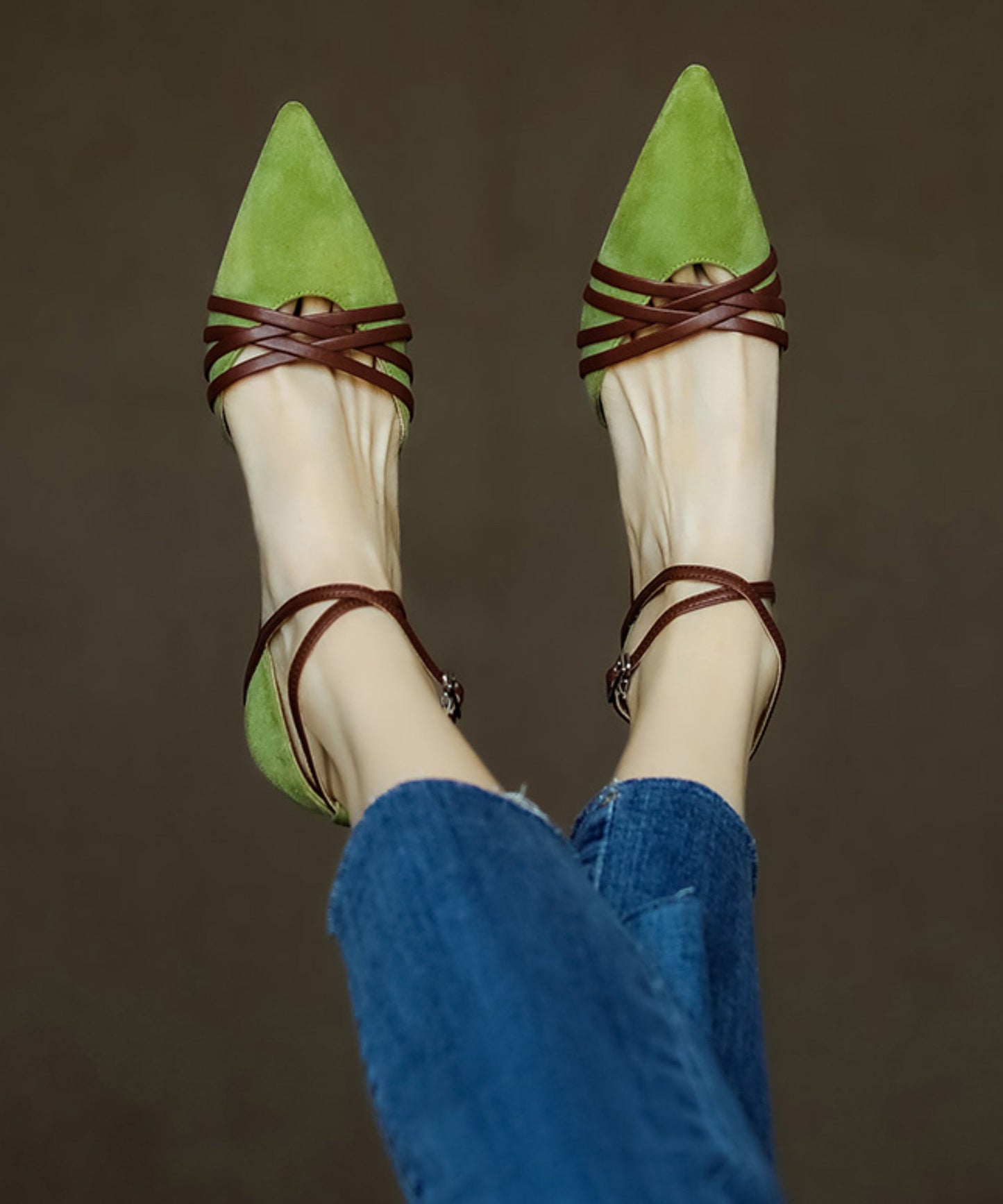Green Suede High Heel Sandals Cross Strap