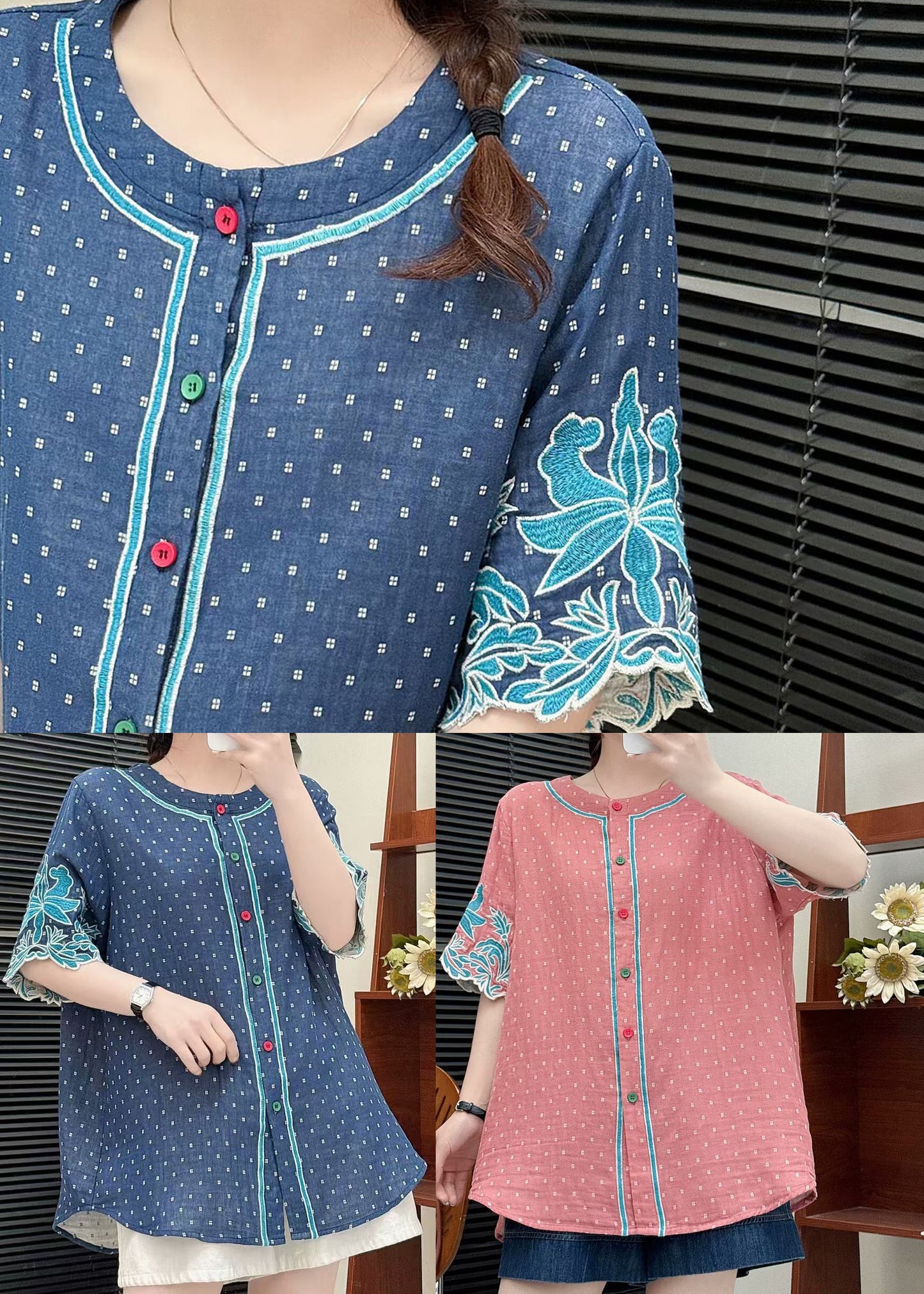 Brick Red Cotton Shirt Tops Embroidered Summer