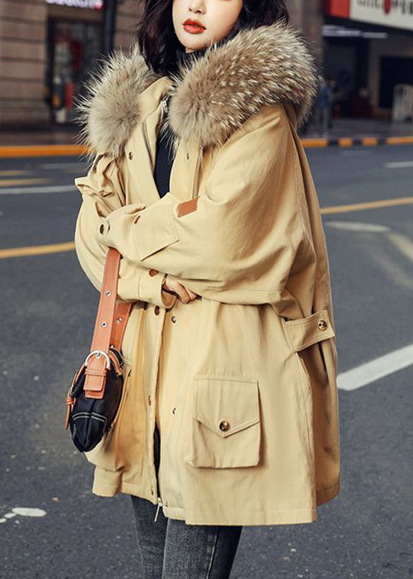 Army Green Zip Up Fur Collar Cotton Puffer Parka Jacket Winter