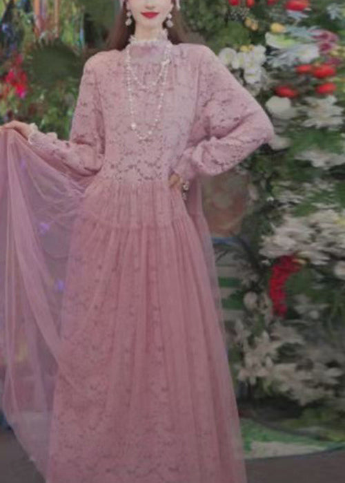Pink Ruffled Tulle Patchwork Lace Long Dress Spring