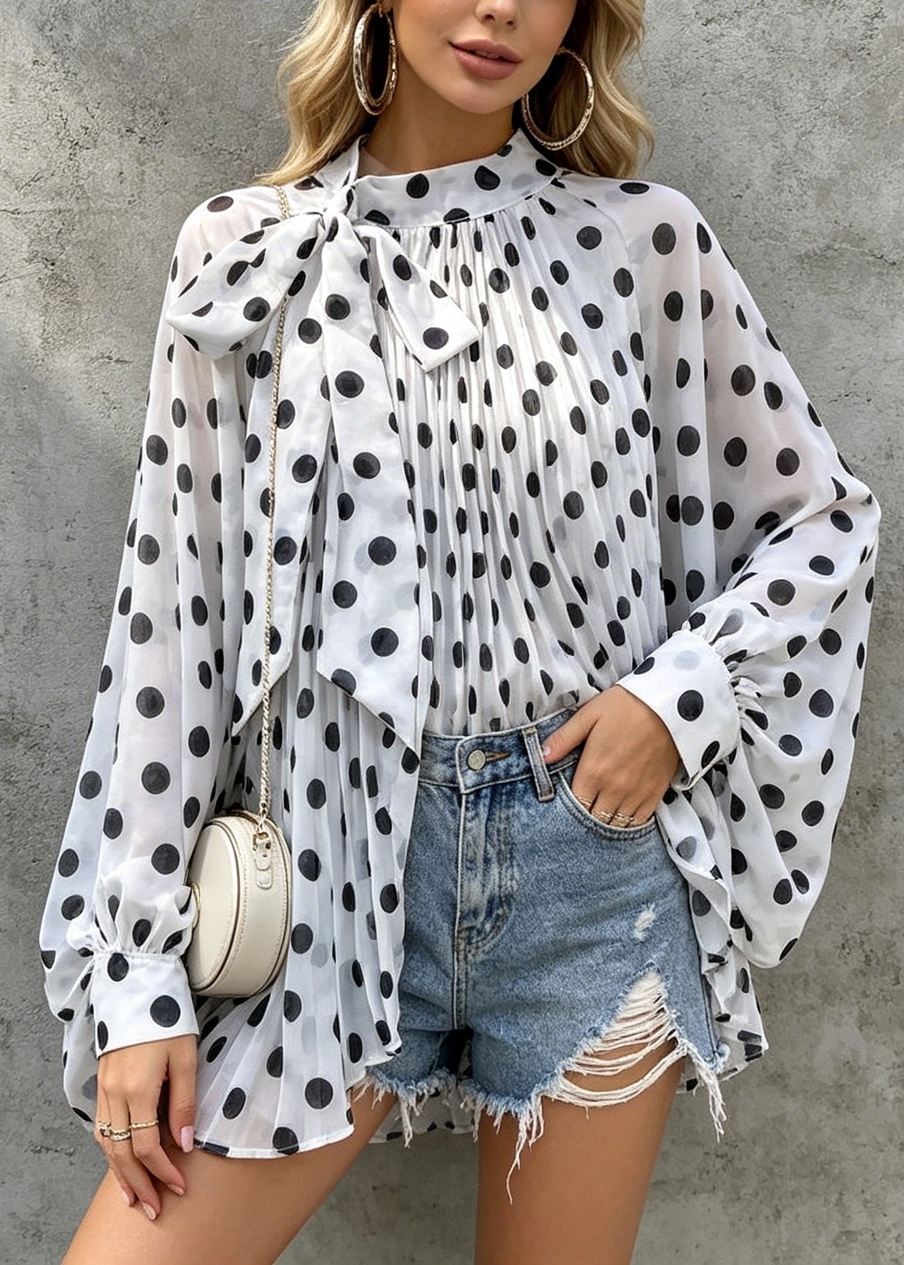 White Dot Print Bow Chiffon Tops Batwing Sleeve