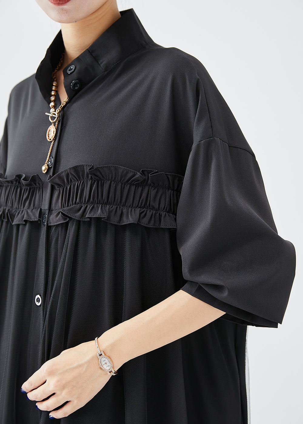 Diy Black Stand Collar Ruffled Cotton Vacation Dresses Fall