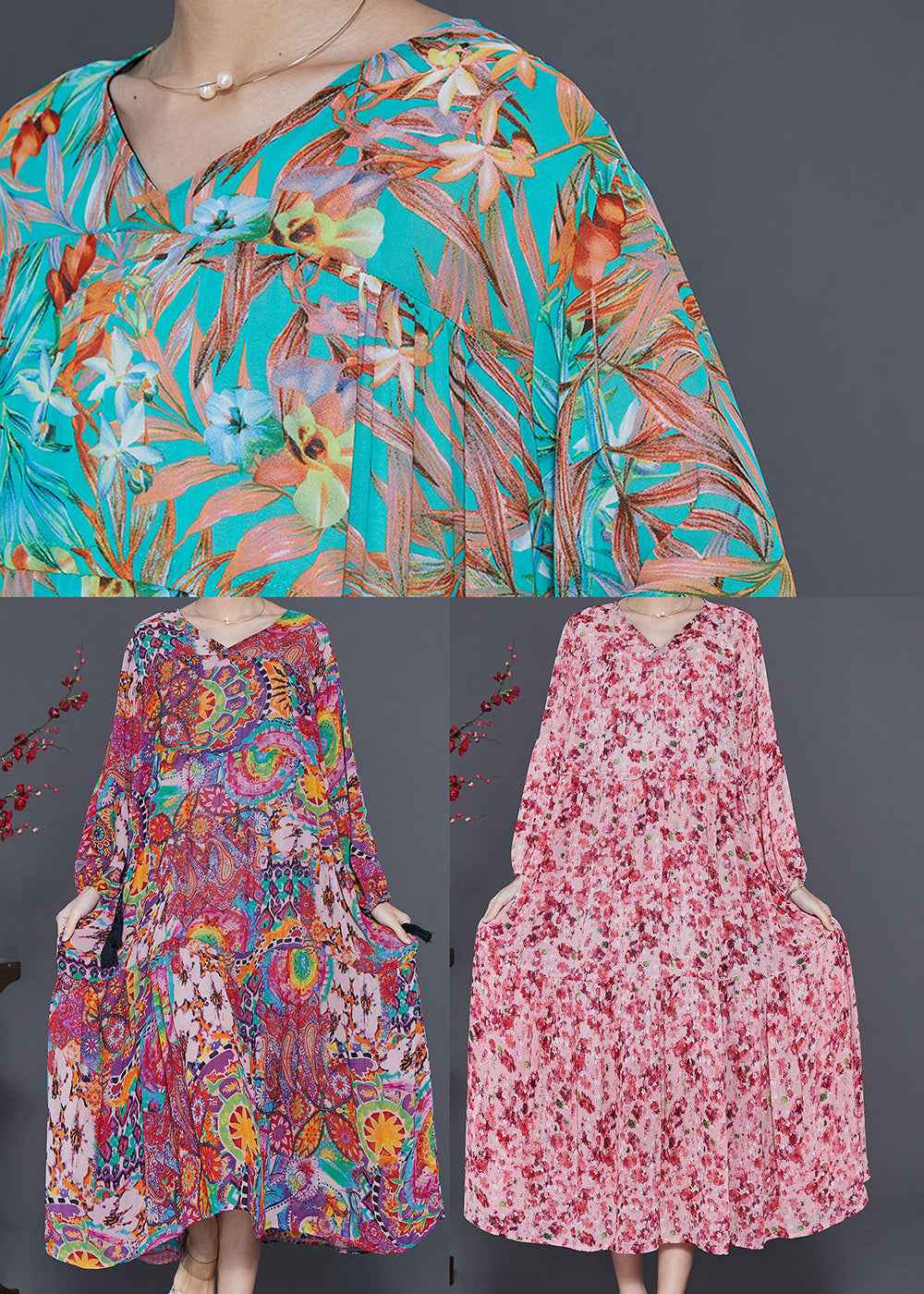 Purple Print Drawstring Chiffon Maxi Dresses Spring