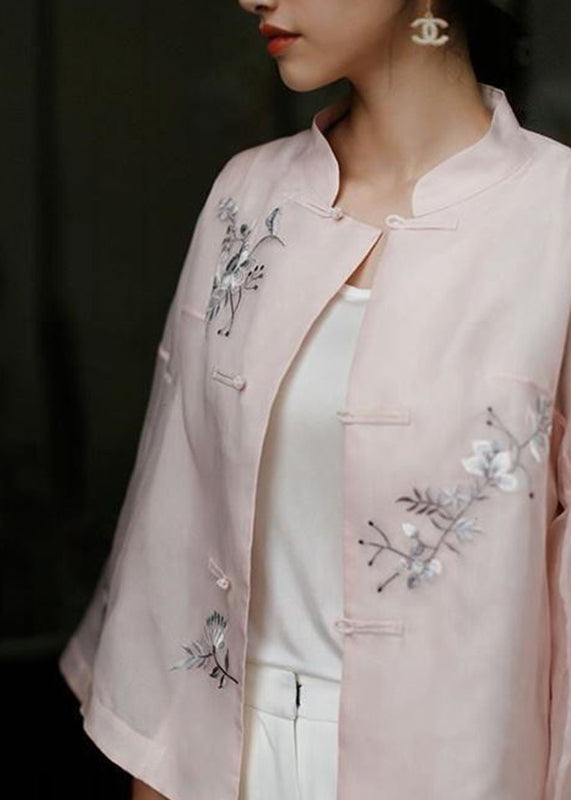 Pink Stand Collar Embroideried Button Top Long Sleeve