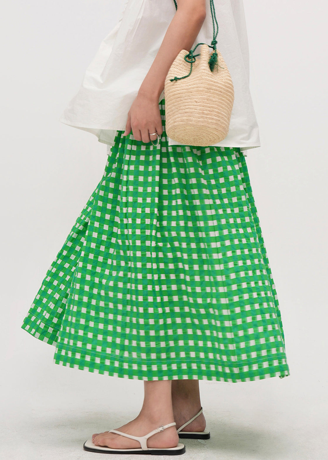 Art Green Plaid Elastic Waist Cotton a Line Skirts Summer