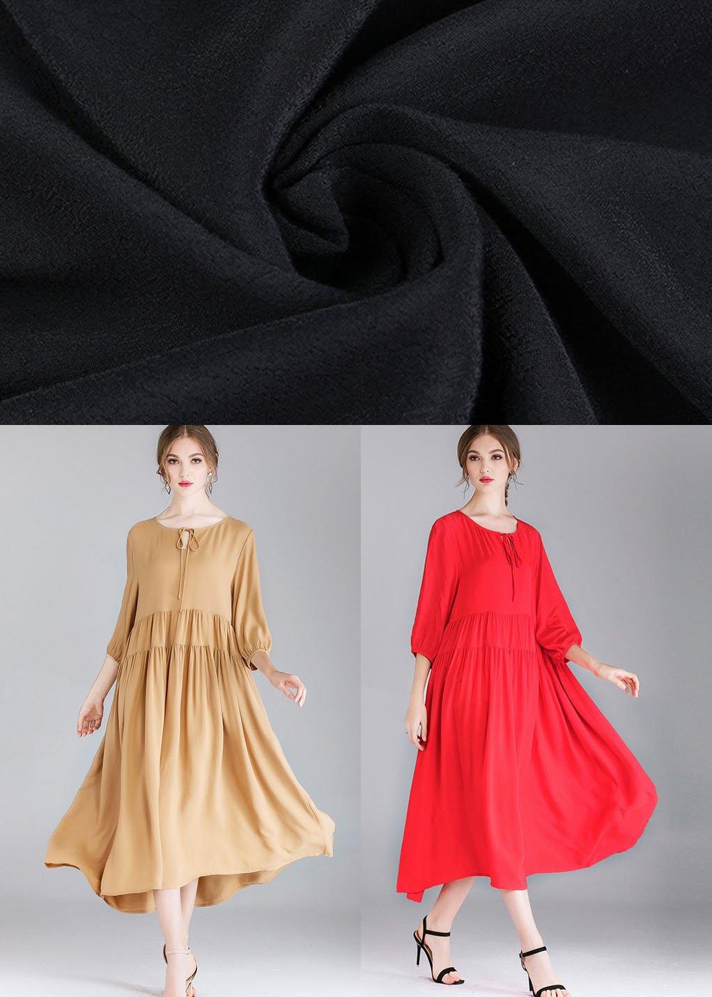 Organic Khaki Drawstring Low High Design Spring Holiday Dress Three Quarter Sleeve