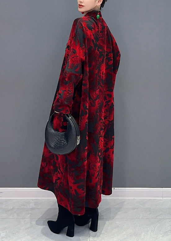 Red Stand Collar Print Patchwork Loose Velour Dresses Fall