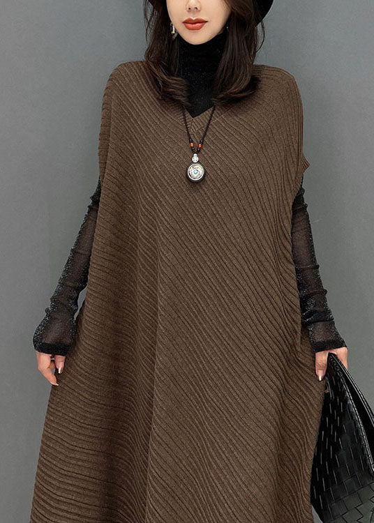 Chocolate Asymmetrical Design Wrinkled Cotton Holiday Dress Fall
