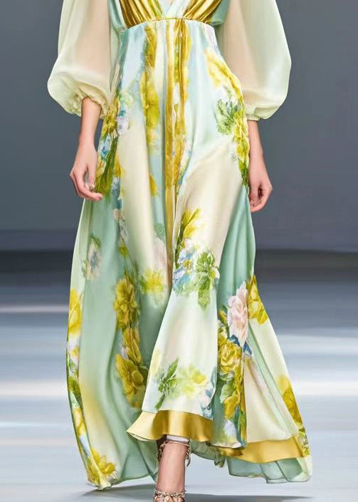 Light Green V Neck Print Silk Holiday Dress Fall