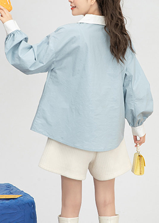 Light Blue Embroideried Button Cotton Shirts Spring