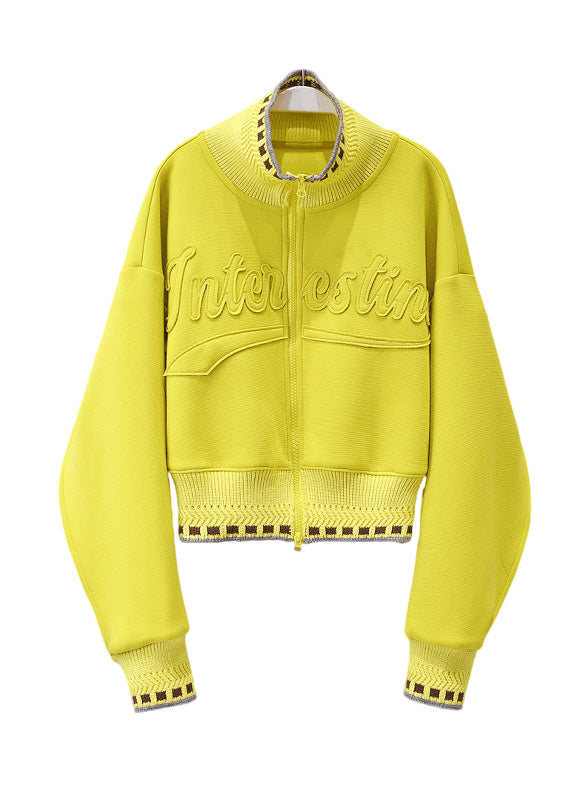 Yellow Stand Collar Graphic Patch Patchwork Coat Spring