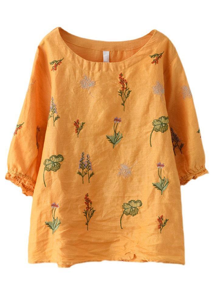 Pink O-neck Embroideried Summer Ramie Blouses Half Sleeve