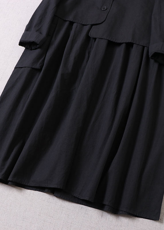 Loose Black Asymmetrical Pockets Cotton Two Pieces Set Dress + Vest Spring