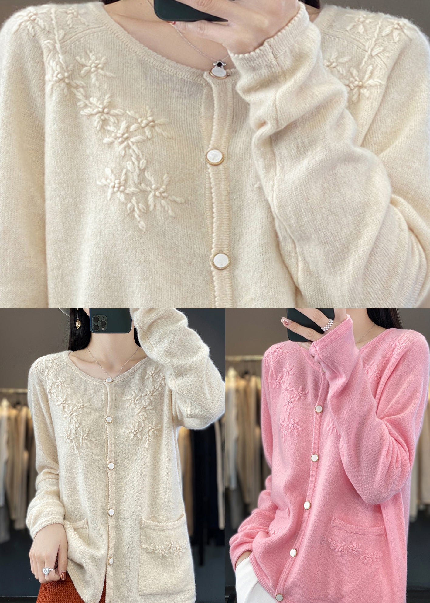 Pink O-neck Cashmere Knit Cardigan Fall