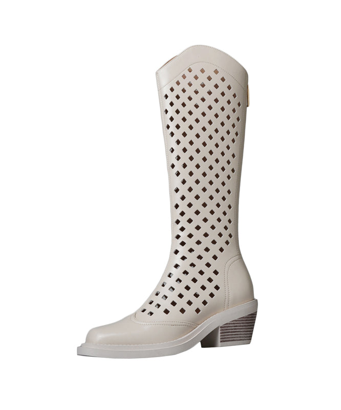 Beige Hollow Out Chunky Cowhide Leather Boots