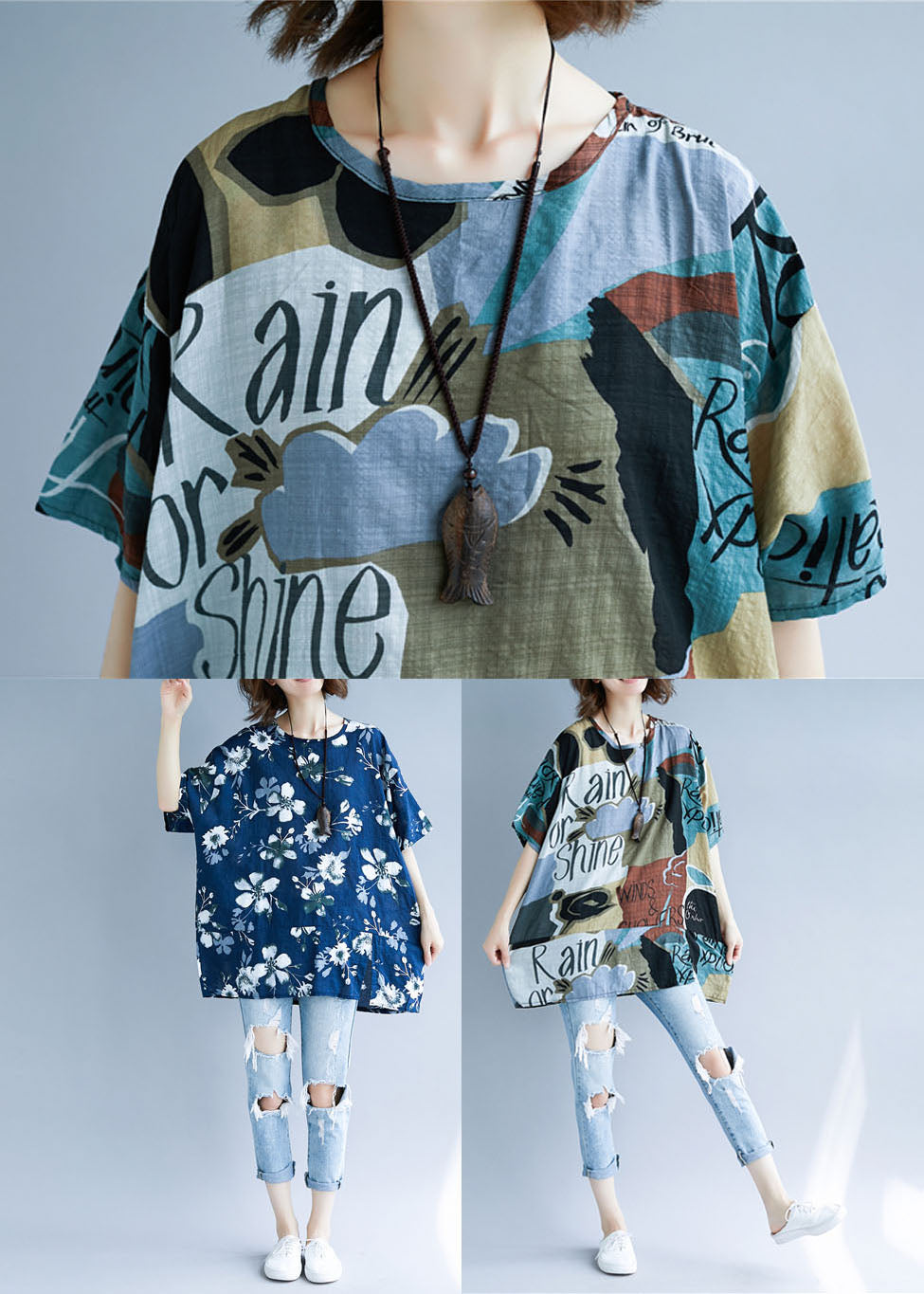 Colorblock Oversized Print Cotton Tops Summer