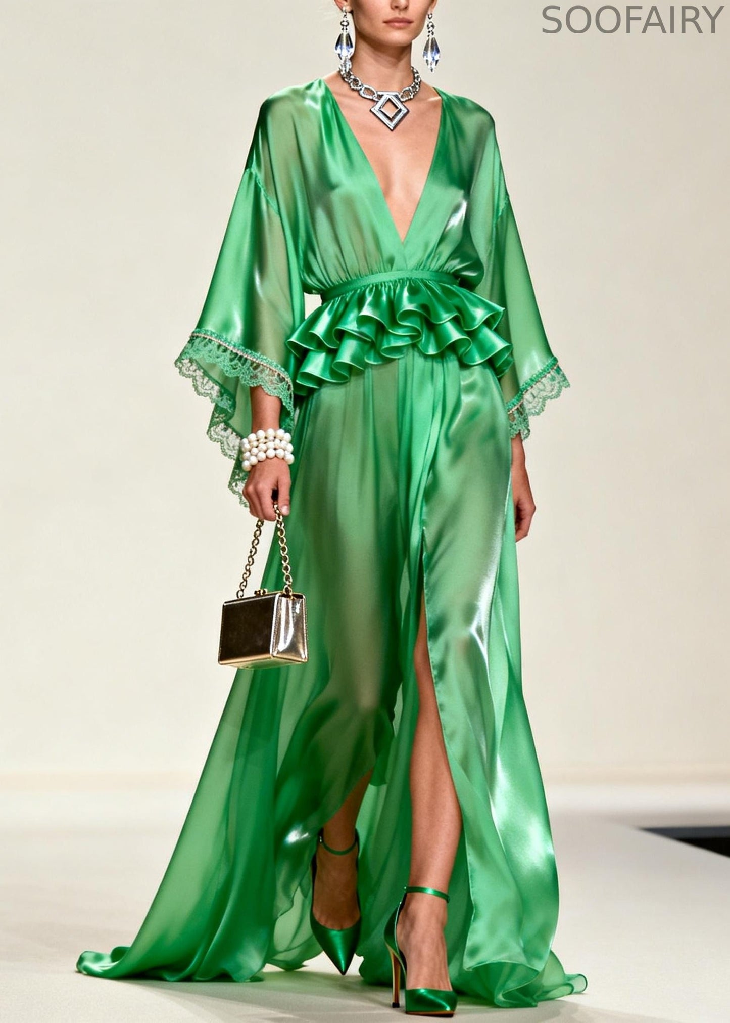 Unique Tea Green Ruffled Side Open Chiffon Party Dress Summer
