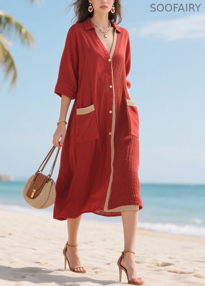 Organic Red Asymmetrical Patchwork Cotton Maxi Dresses Half Sleeve