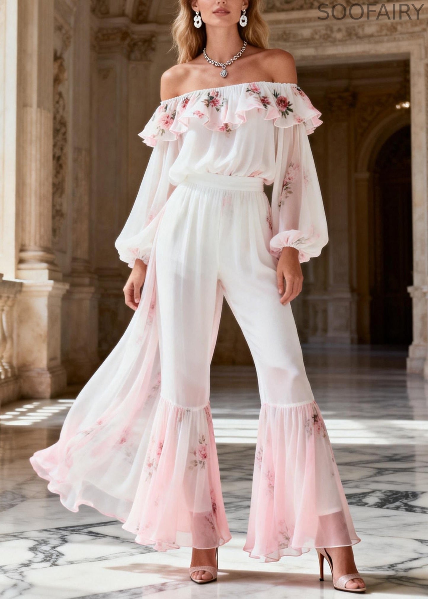 Novelty White Ruffled Print Chiffon Top and Flared Trousers Two Piece Suit Set Spring