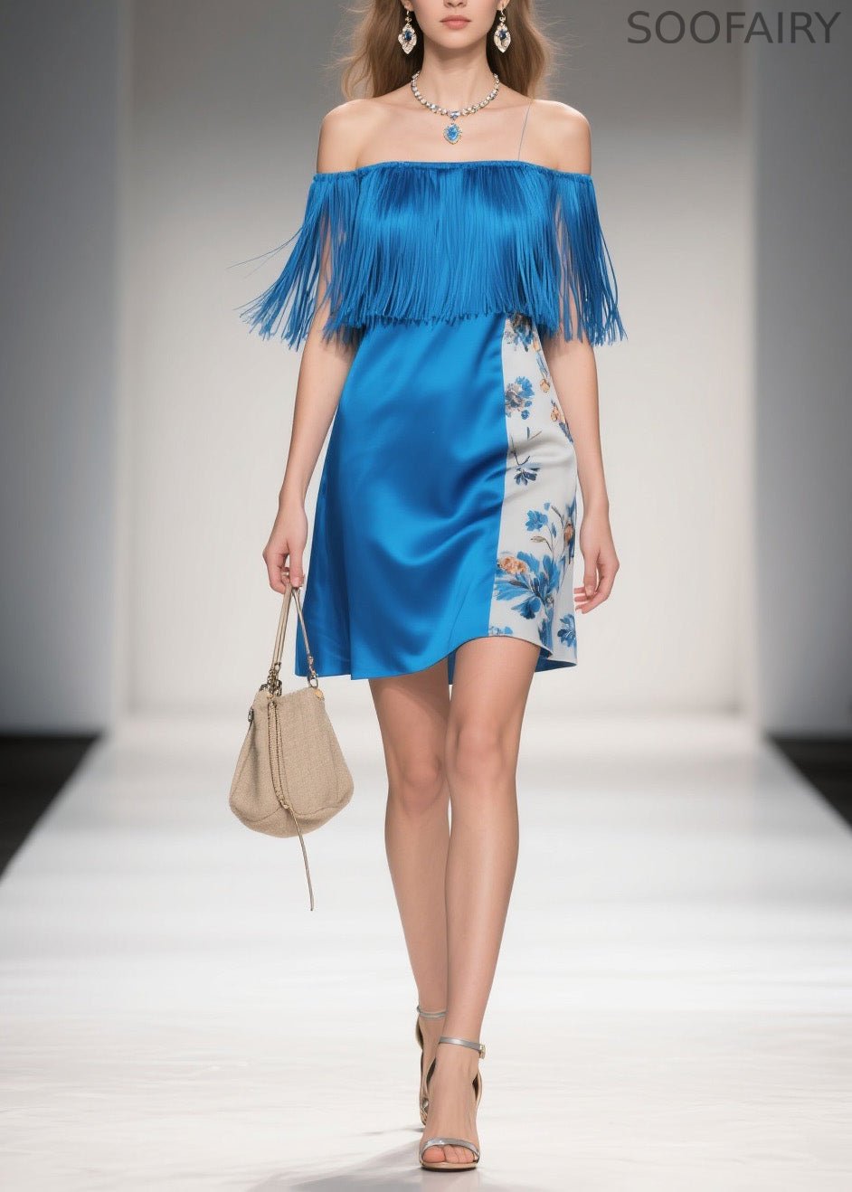 Cold Shoulder Print Tassel Silk Mid Dress Summer