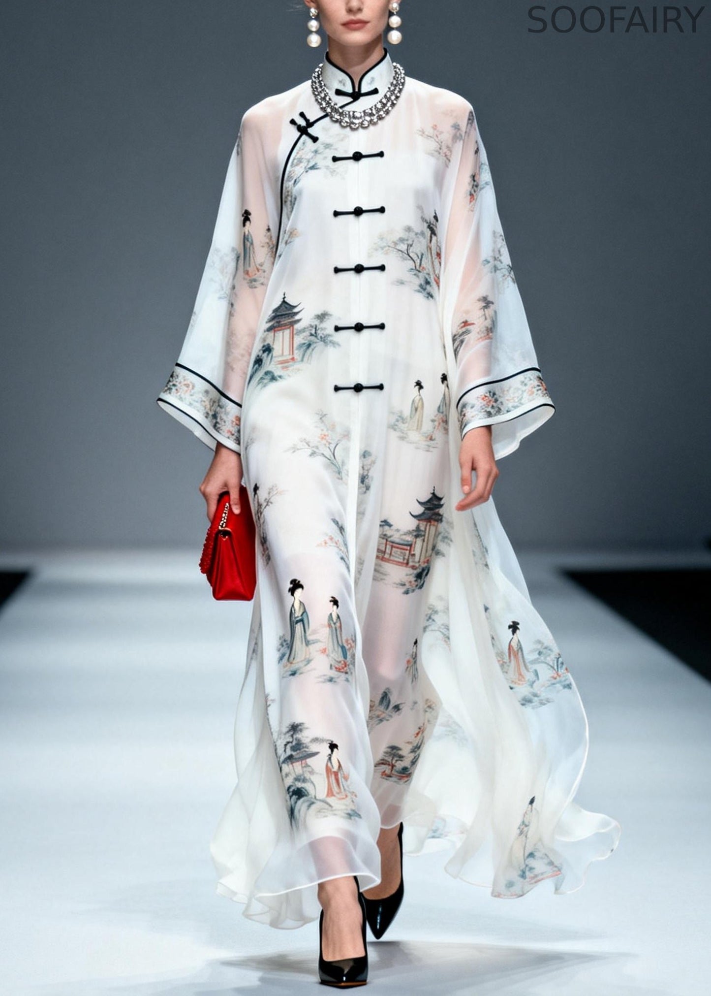 Chinese Style White Print Draping Chiffon Long Dress Summer