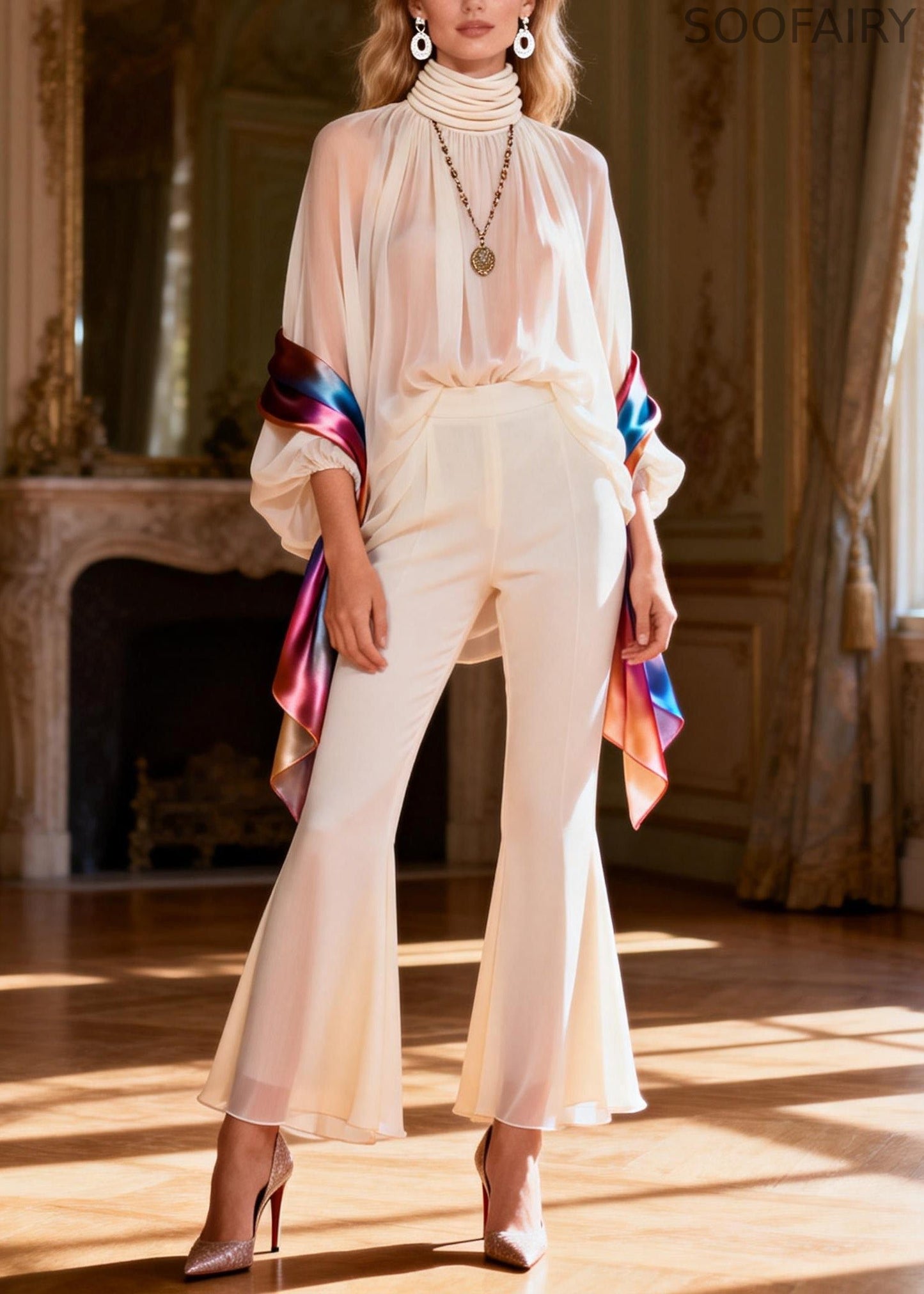 Hign Neck Patchwork Silk Sets 2 Pieces Spring