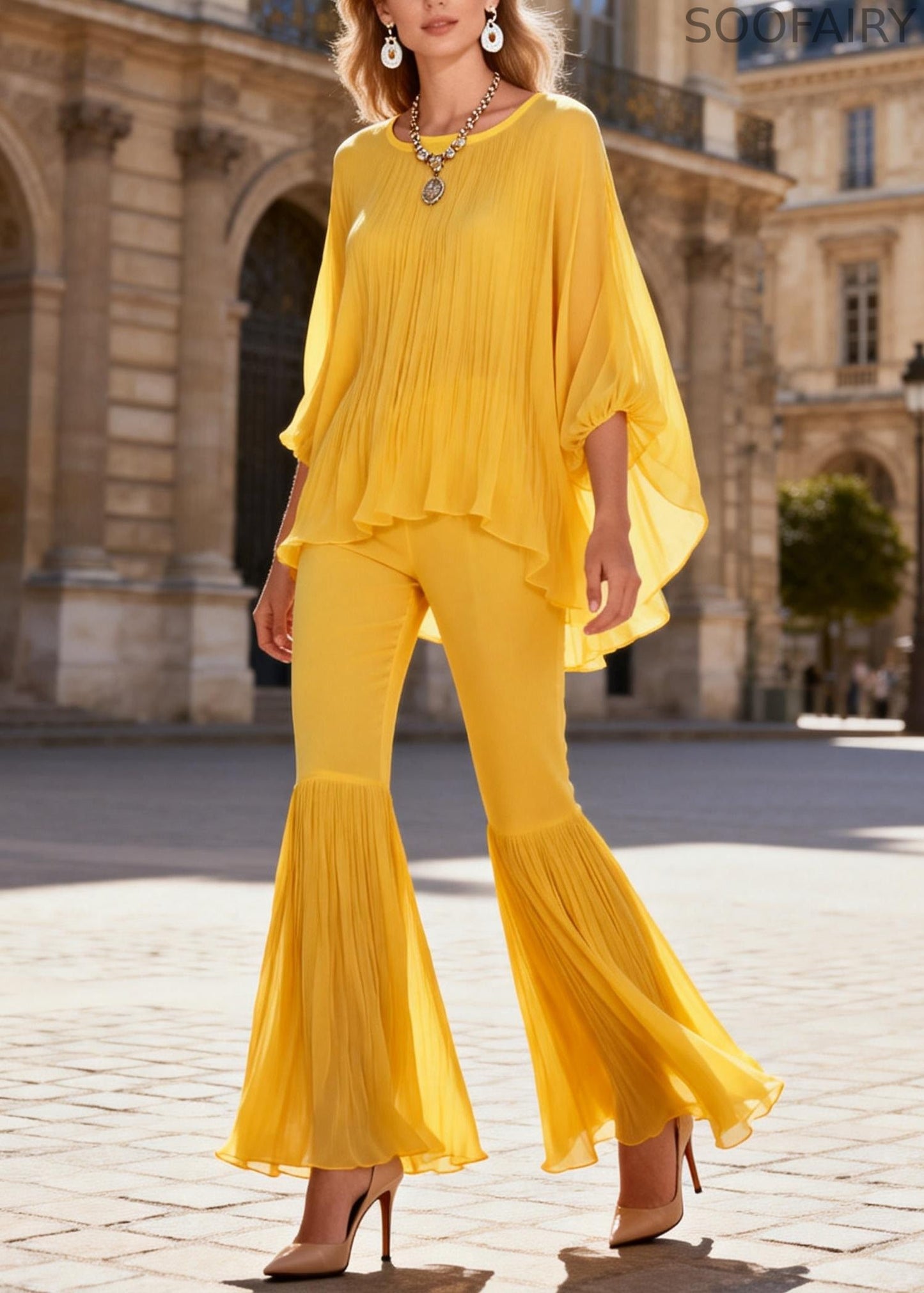 Yellow Wrinkled Two Pieces Set O Neck Bracelet Sleeve