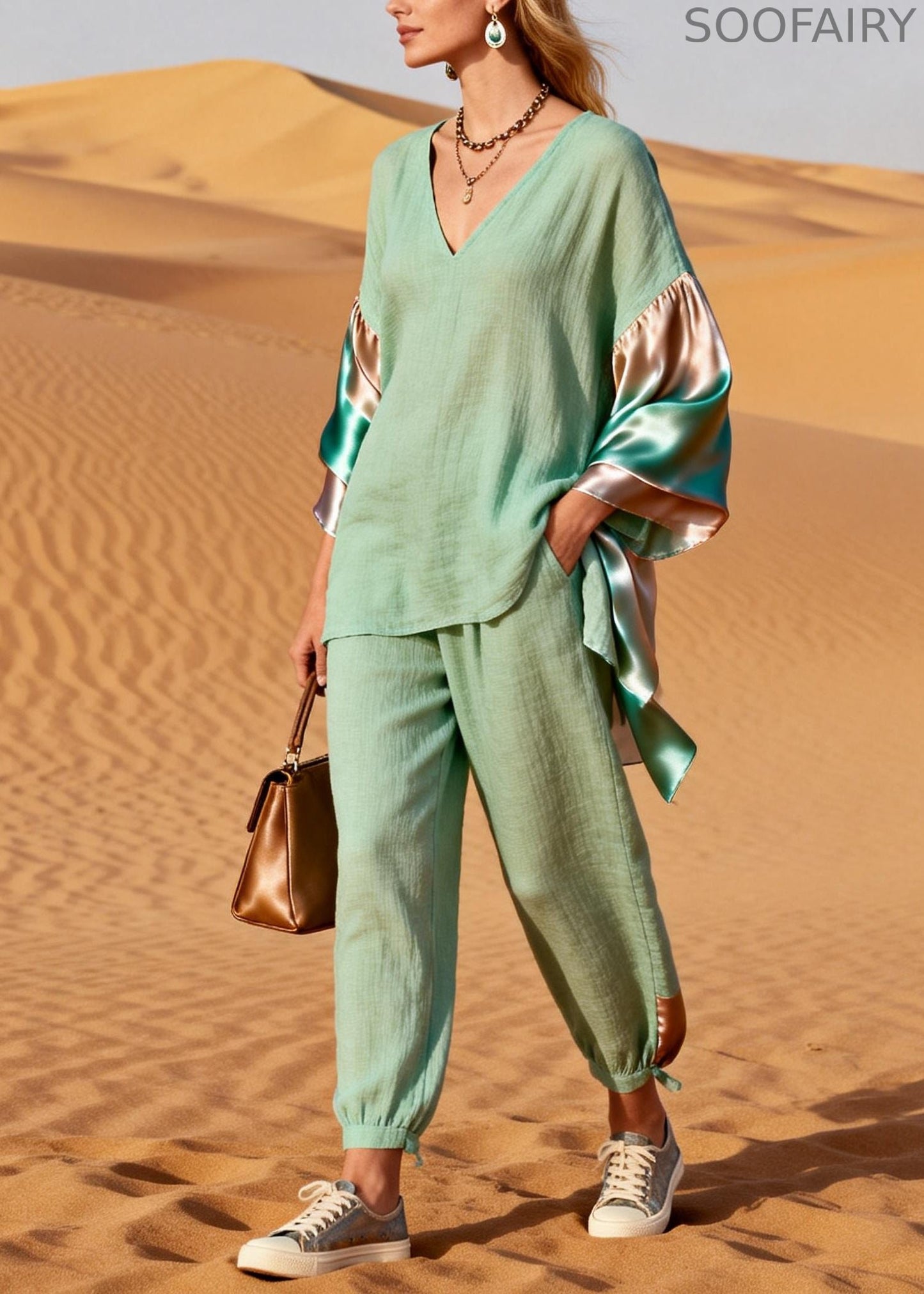Lake Green Oversized Patchwork Tie Dye Cotton Two Pieces Set Spring