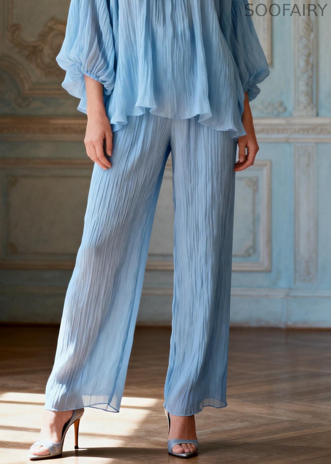Light Blue O-neck Love Heart Ruffled Two Pieces Set Lantern Sleeve