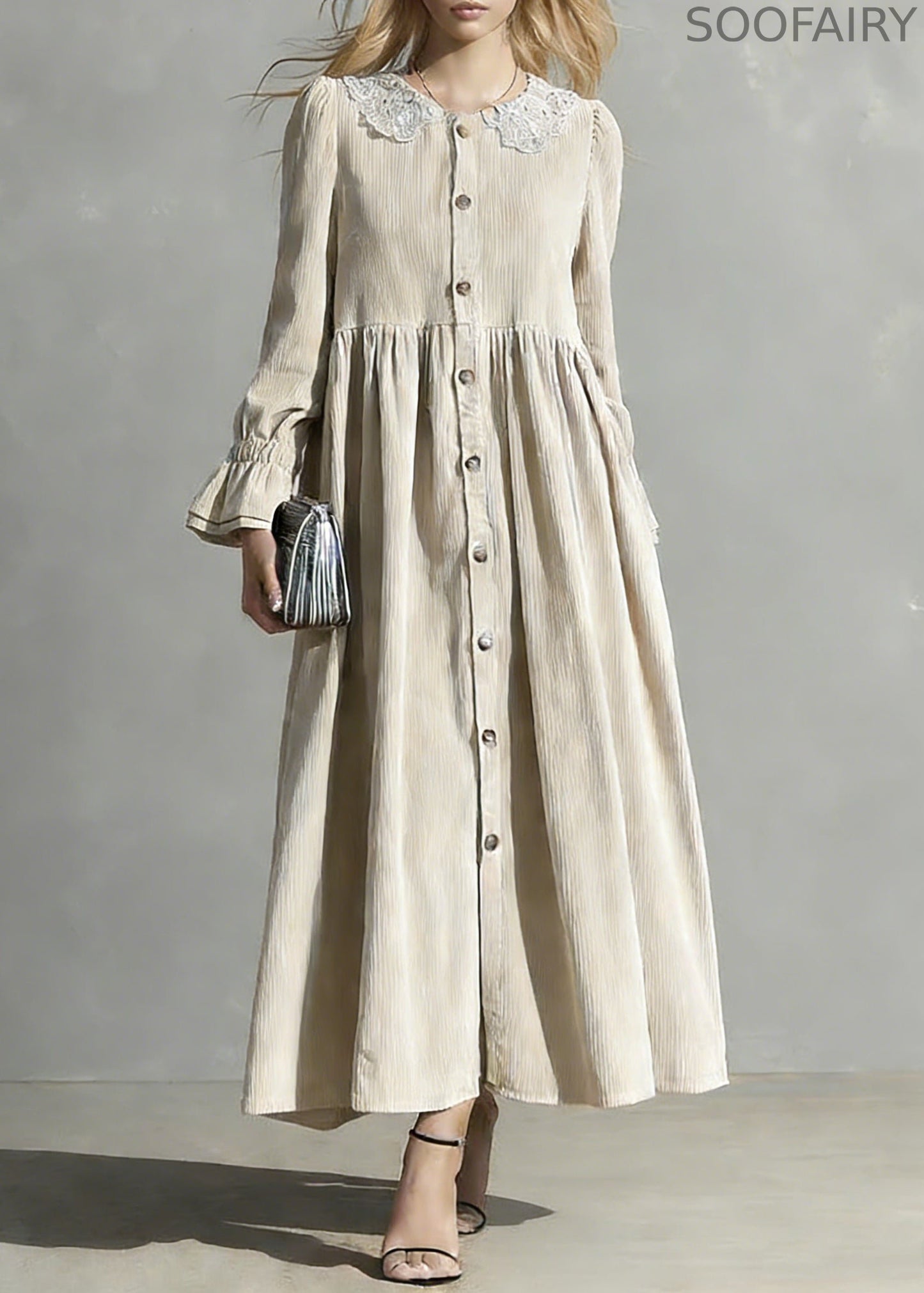 Apricot Peter Pan Collar Button Corduroy Blouses Dresses Spring