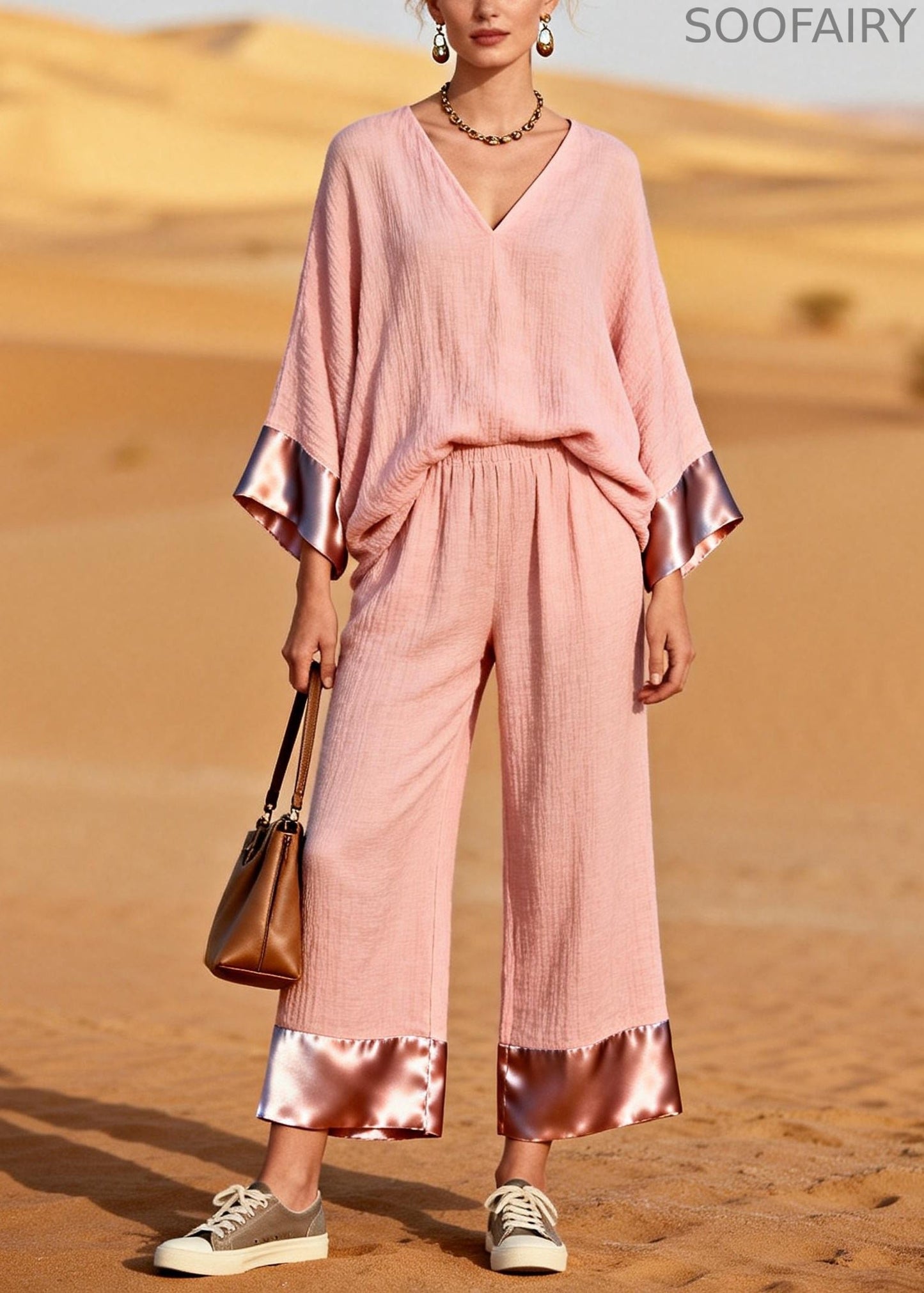 Pink V Neck Patchwork Cotton Two Piece Set Clothing Spring