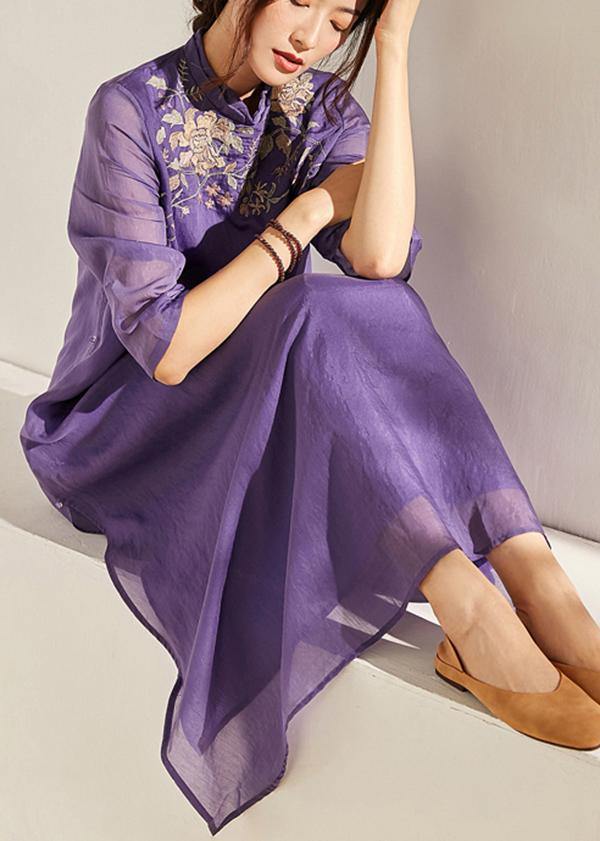 Beige Embroideried Patchwork Button Summer Long Dress