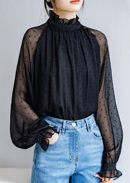Black Ruffled Dot Thin Chiffon Shirts Fall