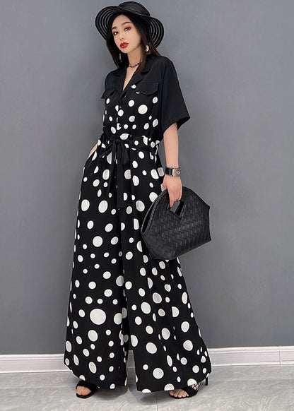 Black Peter Pan Collar Dot Print Draping Chiffon Jumpsuits Short Sleeve