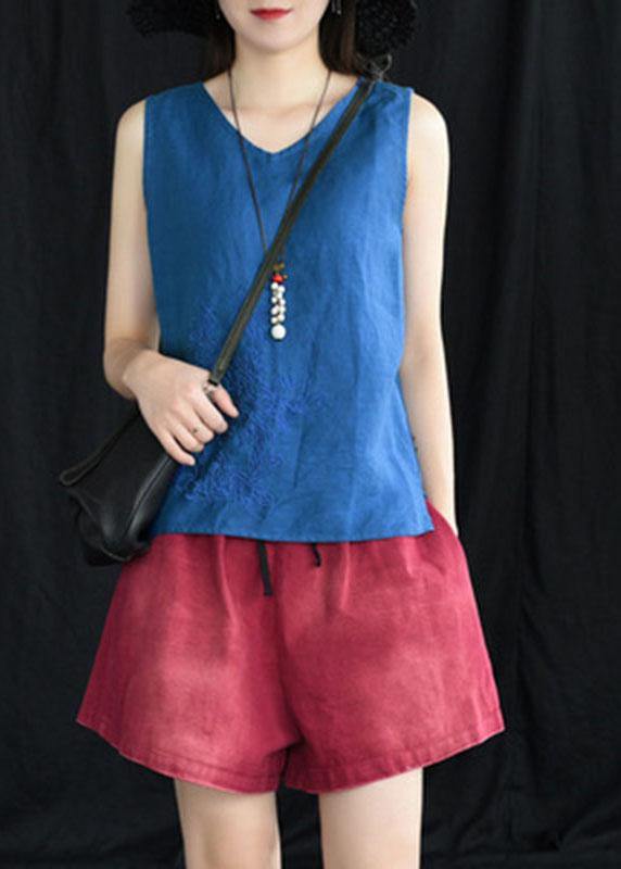 Blue Embroideried Sleeveless Linen Shirt Tops Summer