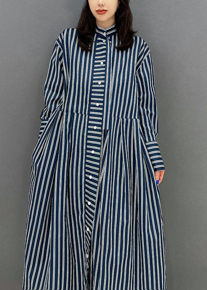 Navy Stand Collar Striped Cotton Shirt Dress Fall