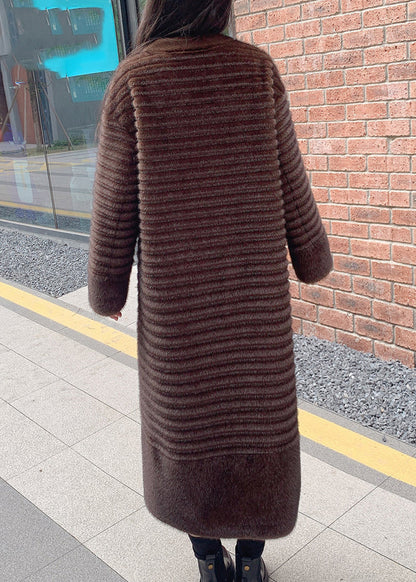 Coffee O-neck Pockets Print Leather and Fur Long Coats Winter